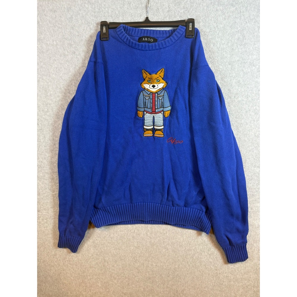 AKOO Mens Fox Mascot Graphic Knit Sweater Royal Blue Crew Neck Streetwear L
